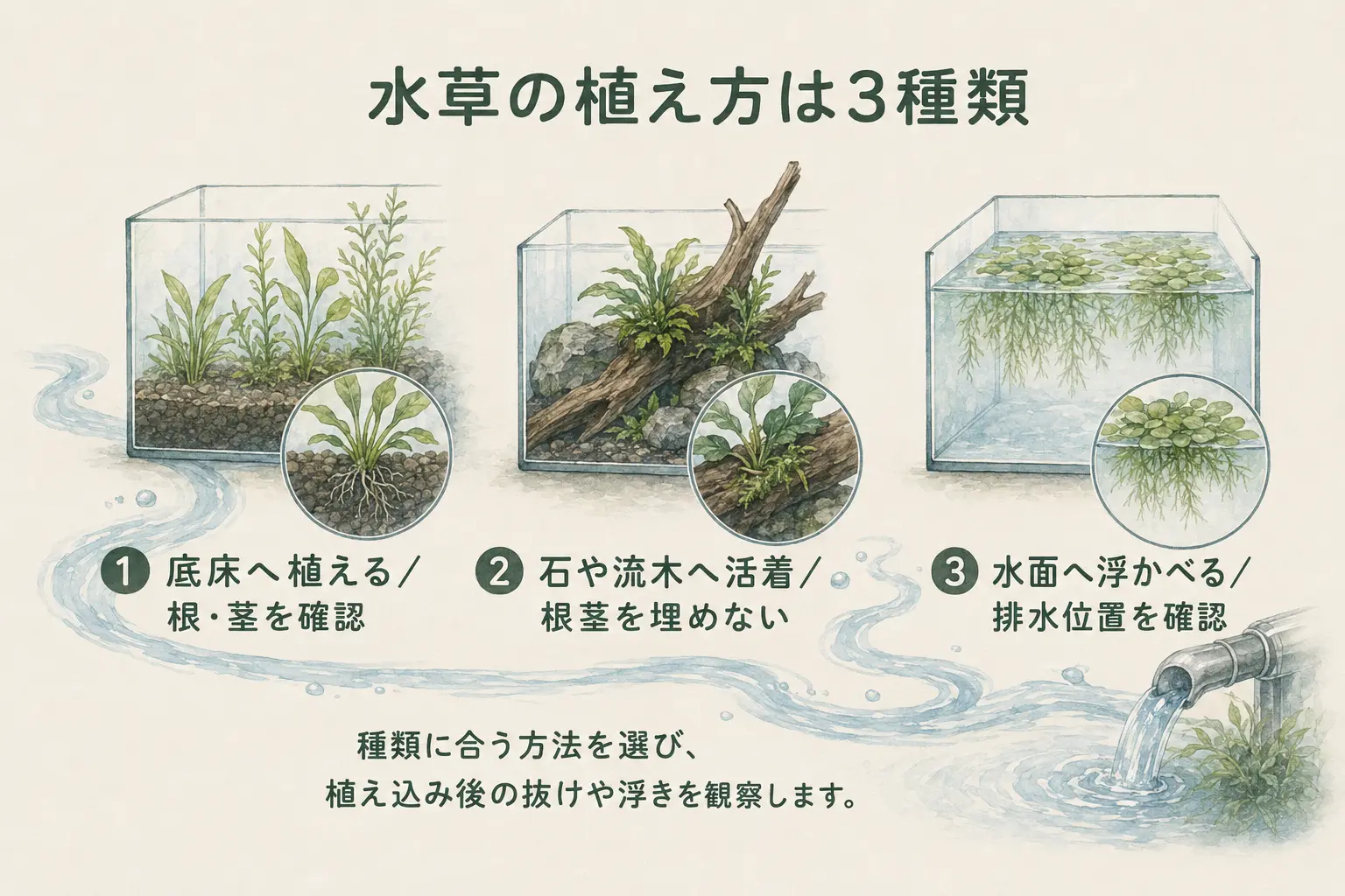 水草の植え方は3種類の要点図解