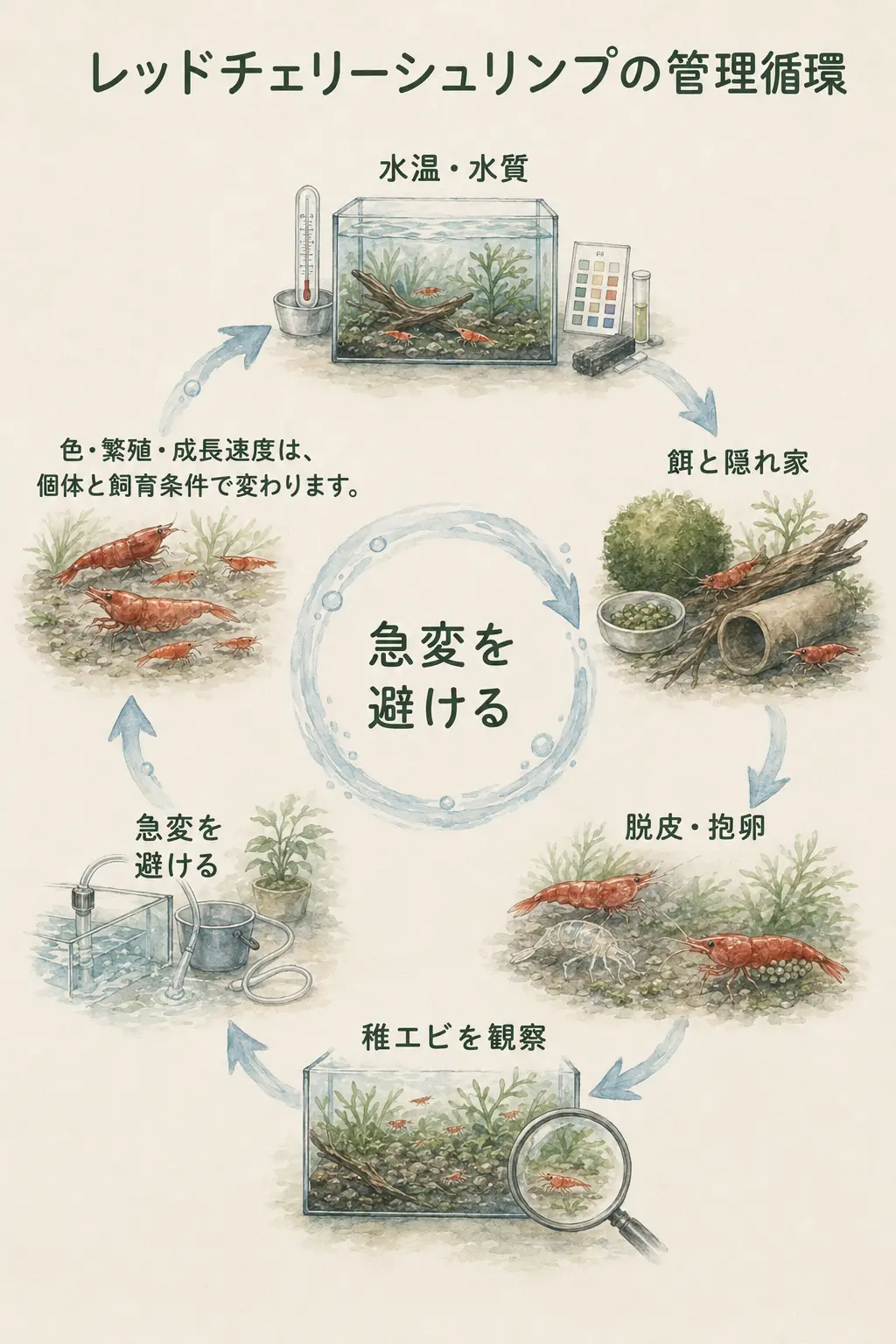 レッドチェリーシュリンプの飼い方の要点図解