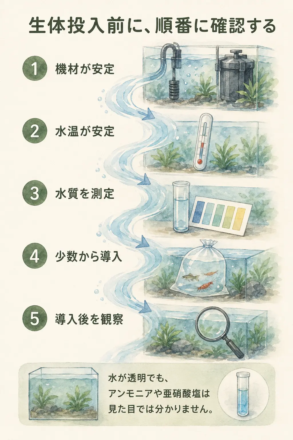 水槽に魚・エビを入れるタイミングの要点図解