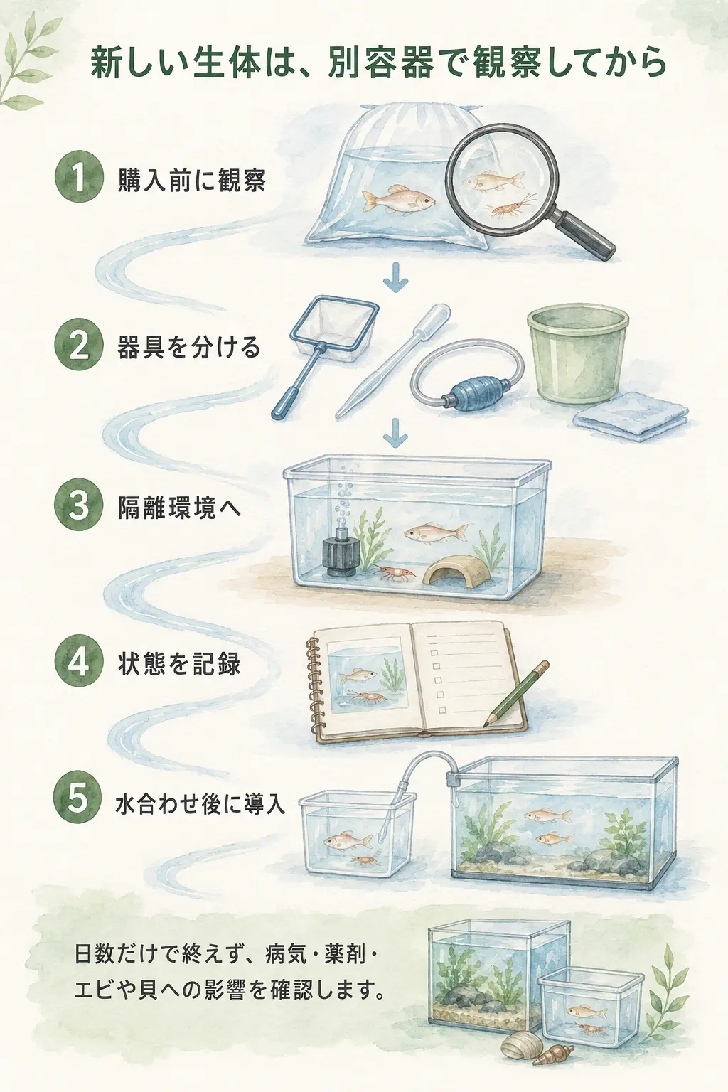 新しい魚・エビを水槽へ入れる前の隔離と観察の要点図解